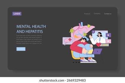 Vector illustration highlighting the connection between mental health and hepatitis. Features a person sitting with a heart symbol, liver, doctor illustration, and viruses.