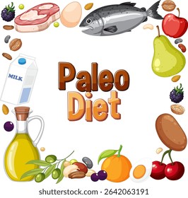 Vector illustration highlighting diverse paleo diet foods with vibrant colors and balanced composition