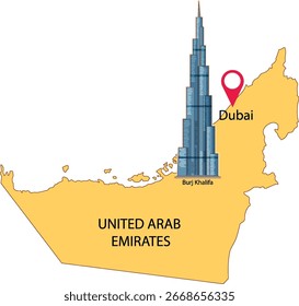 Ilustração vetorial destacando o Burj Khalifa de Dubai em um mapa simplificado dos Emirados Árabes Unidos com etiquetas claras e cores vibrantes