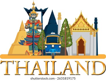 Vector illustration highlighting iconic Thai landmarks with vibrant colors and detailed design elements, capturing cultural essence and architectural beauty