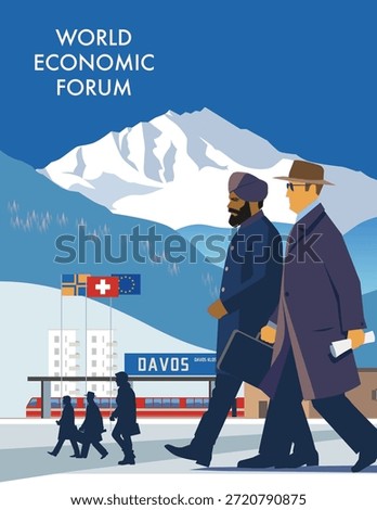 Vector illustration highlighting the international and multicultural nature of the World Economic Forum in Davos, Switzerland. Business leaders of different ethnic backgrounds walk toward the forum against a snowy alpine landscape, symbolizing global cooperation, diversity, international economy, and cross-cultural dialogue at a major economic summit