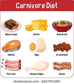 Vector illustration highlighting key foods in a carnivore diet. Includes meats, eggs, and butter with clear labeling