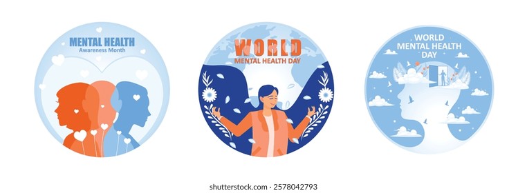 Vector illustration highlighting mental health awareness. World Mental Health Day with silhouette. Mental Health concept. Set flat vector illustration.