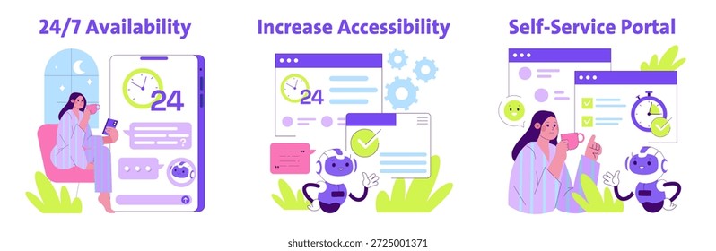 Vector illustration highlighting online self-service portal with 24 7 availability, increasing accessibility, and user interaction. Features a woman and a chatbot interacting.