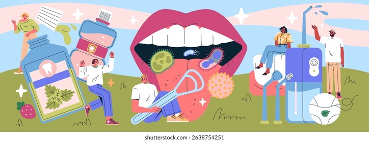 Vector illustration highlighting oral hygiene. Depicts a giant mouth, dental tools, and various hygiene products with people engaging in oral care activities. Emphasizes cleanliness and health.