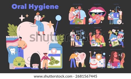 Vector illustration highlighting oral hygiene practices, including toothpaste use, tongue cleaning, and dental visits. Emphasizes fresh breath, secure enamel, and confident smiles.