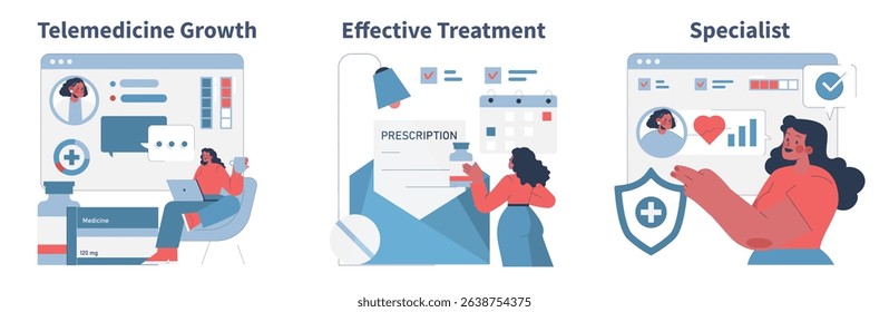 Vector illustration highlighting telemedicine growth, effective treatment methods, and specialist consultation. Includes digital prescription analysis and online interaction tools.