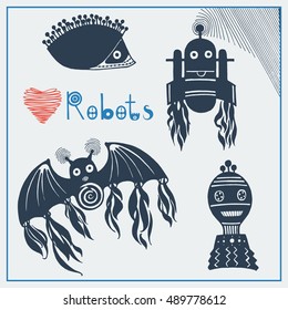 Vector illustration with highly detailed. EPS8. Ink hand drawn robots.