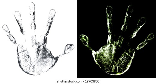 Vector illustration of a highly detailed hand print trace in two color variations. Aged skin look.