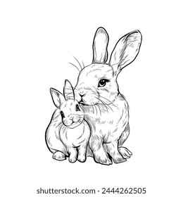 Vector illustration of a highly detailed hand drawn rabbit and baby rabbit