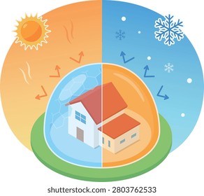 Vector illustration of a highly insulated house that blocks out the heat of summer and the cold of winter