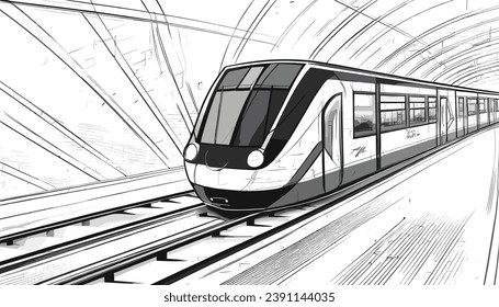 Vector Illustration of a High-Speed Metro Train in France, Europe and India. High Speed Metro Line Art. Metro Line Art