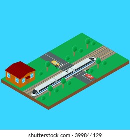 Vector illustration. High-speed passenger train traveling through the railroad crossing. House train the inspector. Semaphore, a barrier, car on the road. isometric, infographic