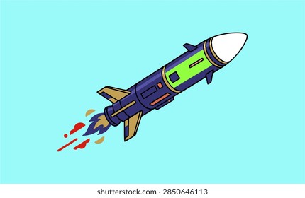 Vector illustration of a high-tech guided rocket missile launching with fire flame exhaust thrust.