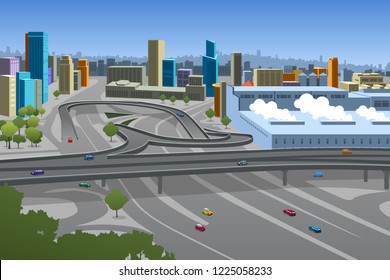 A vector illustration of Highway and Cars in the City 