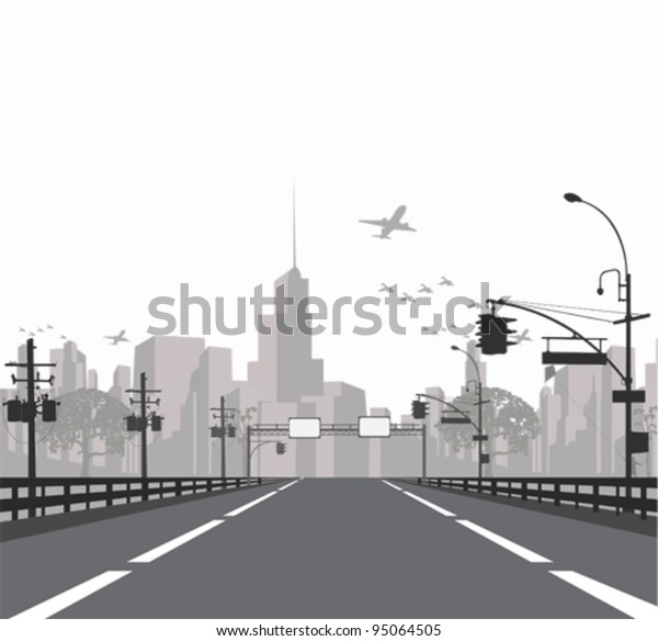Vector Illustration Highway City Skyline Stock Vector (Royalty Free ...