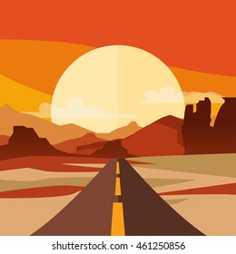 Vector illustration of highway in desert and mountains. Summer landscape with empty road. Country street road, flat style illustration. Nature background.