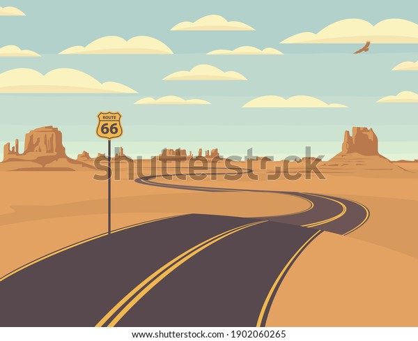 Vector illustration of a highway in the desert\
and mountains. Summer landscape with empty road. Historic US Route\
66, roadway with a pointer, the horizon with a sandy wasteland.\
Nature background