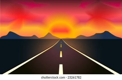 Vector illustration of highway heading to the sunset