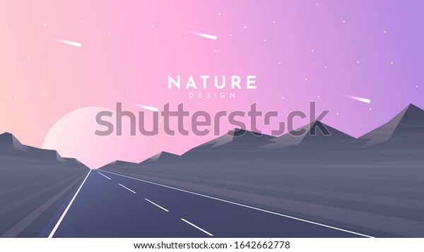 Vector illustration. Highway and mountain.\
Minimalist geometric background. Panoramic wallpaper. Road in\
perspective between hills. Sunset or sunrise. Clear sky. Gradient\
color. Flat website\
design
