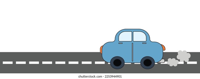 Ilustración vectorial de la autopista y el coche amarillo en movimiento. Carretera aislada y automóvil. Fondo de carretera con espacio de copia. Concepto de tráfico y transporte por carretera. coche en el vector de estilo de dibujos animados.