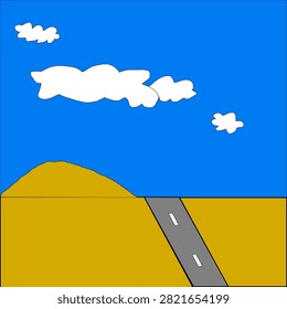 a vector illustration of a highway road cutting through a golden sand desert landscape with cartoon style. Features a bright blue sky with fluffy white clouds, sand dunes, and clean asphalt road lines