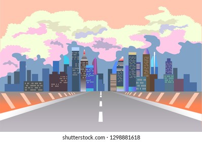  Vector illustration with highway road and modern city on the background of bright cloudy sky