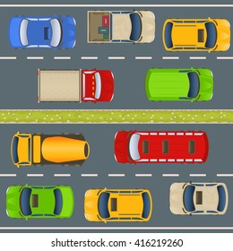 vector illustration of a highway traffic with cars and trucks, aerial view perspective.