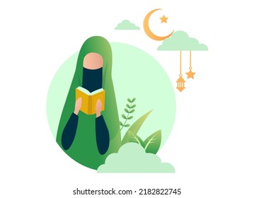 vector illustration of hijab read quran