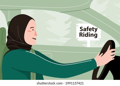Vector Illustration of Hijab Woman Driving Car Using Seatbelt Hand Drawn. Female Arabian Muslim Safety Traveling or Enjoying Trip Concept. 