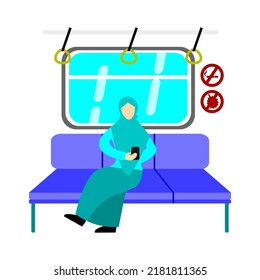 Vector illustration of a hijabi muslim woman on a commuter train, holding and using her smartphone.