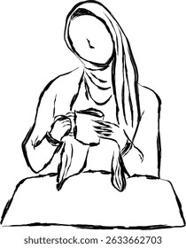 Vector illustration of a hijab-wearing woman sitting peacefully with a coffee cup. Ideal for Muslim-themed designs, cozy lifestyle projects, and clipart bundles