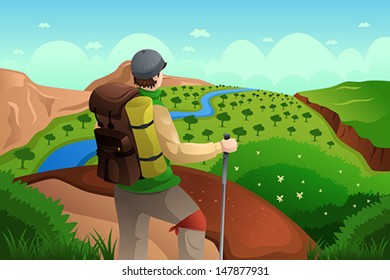 A vector illustration of hiker with backpack standing on top of mountain