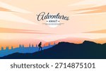 Vector illustration. Hiker equipped with backpacks and walking sticks. Concept of adventure, discovery, and exploring nature on a hiking. Orange color of sunset sky, Polygonal flat style background