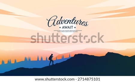 Vector illustration. Hiker equipped with backpacks and walking sticks. Concept of adventure, discovery, and exploring nature on a hiking. Orange color of sunset sky, Polygonal flat style background