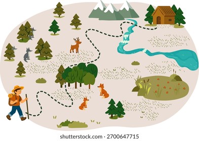 Ilustração vetorial de um caminhante seguindo um mapa de trilha florestal com animais, montanhas e uma cabine.