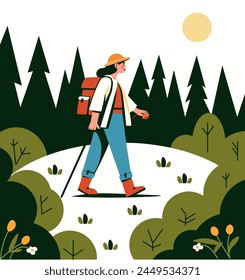 Vector illustration of a hiker in a forest scenery, great for outdoor and adventure themes, isolated.