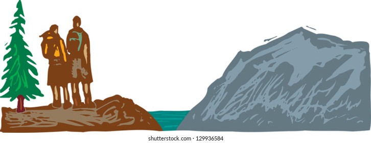 Vector illustration of hikers enjoying mountain panorama