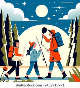 Vector illustration of hikers with lanterns at night, navigating through the wilderness under a moonlit sky. Great for outdoor activity concepts.