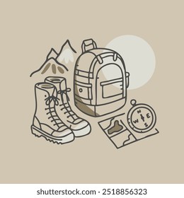 Ilustração vetorial de equipamentos de caminhada, incluindo uma mochila, botas, mapa e bússola. Ideal para projetos de aventura ao ar livre, guias de viagem e projetos relacionados a caminhadas