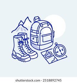 Ilustração vetorial de equipamentos de caminhada incluindo botas, mochila, bússola e mapa. Ideal para temas relacionados a aventura, atividades ao ar livre, acampamento e exploração