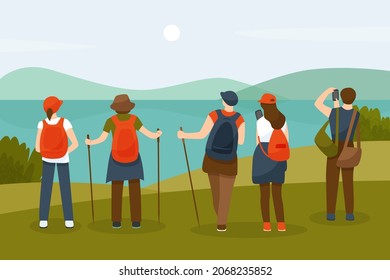 Vektorgrafik von Wandergruppen. Touristen kamen für einen Spaziergang in der Natur. Landschaft mit Bergen und Wasser. Vektorflache Illustration.