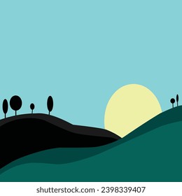 vector illustration of hill background with few trees and sunset