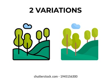 Vector illustration of hill icon. hill landscape with tree and cloud, 2 variations flat and lineal icon