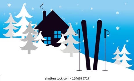 Vector illustration of hill with snow and ski in the mountains in winter.