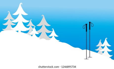Vector illustration of hill with snow and ski sticks in the mountains in winter.