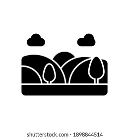 Vector illustration of hills icon. Landscape scenery with hills, trees, sun, and two clouds.Glyph design style