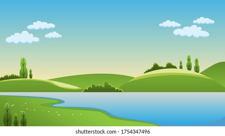 Vector illustration: hills with lakes and trees, green meadows at dawn