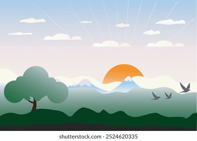 Ilustração vetorial de colinas e montanha, sol nascente contra o pano de fundo das montanhas. encosta verde. 