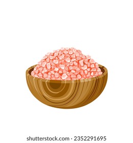 Vector illustration, Himalayan pink salt in a wooden bowl, isolated on white background.